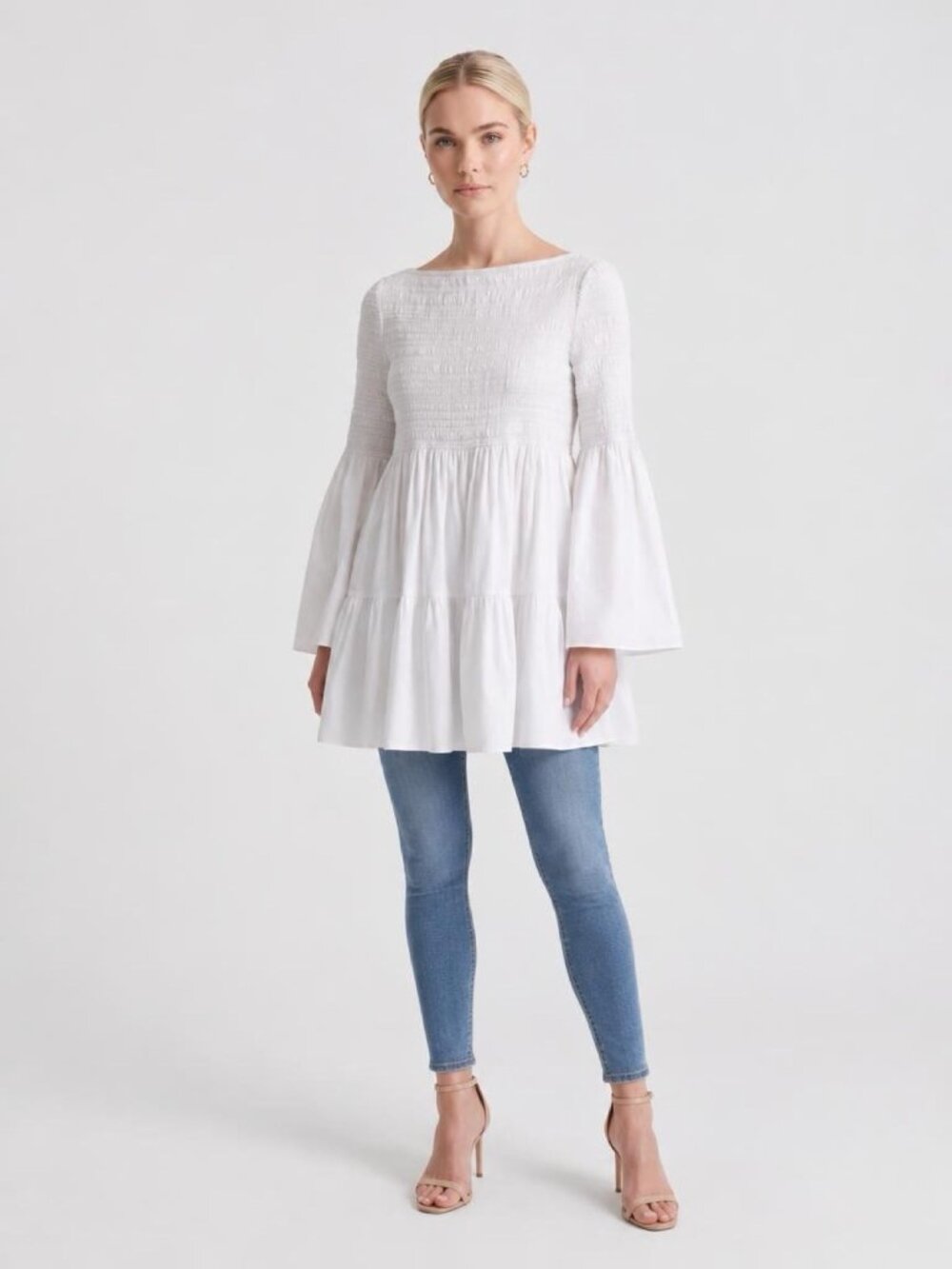 The Row Burton Smocked Bell-Sleeve Babydoll Top White S
